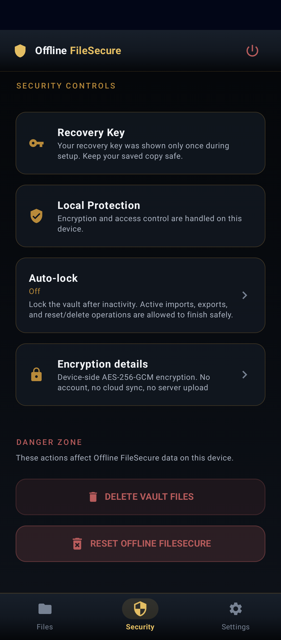 Offline FileSecure security settings screen