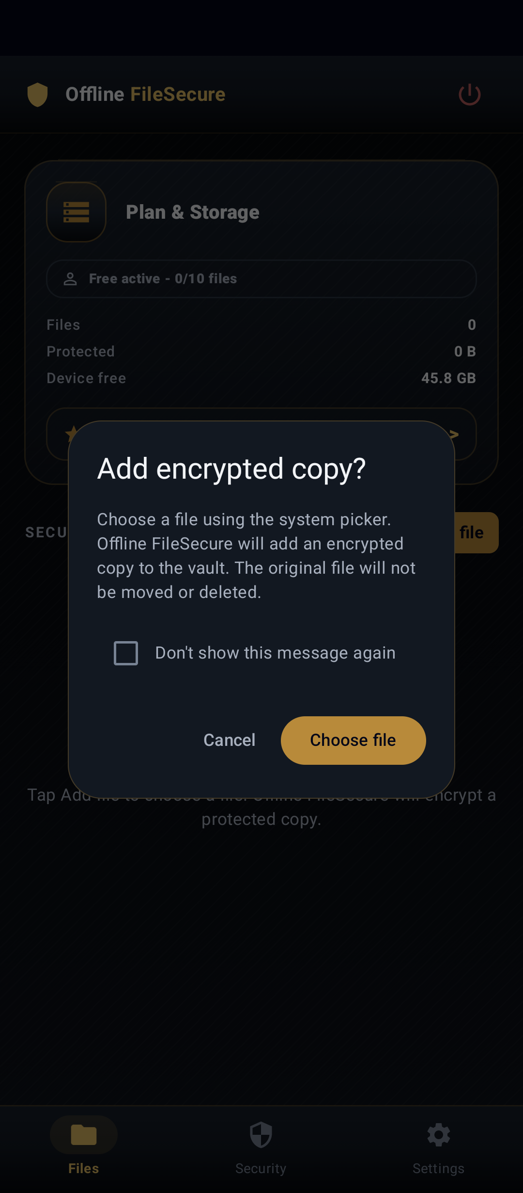 Offline FileSecure import screen showing add protected copy options
