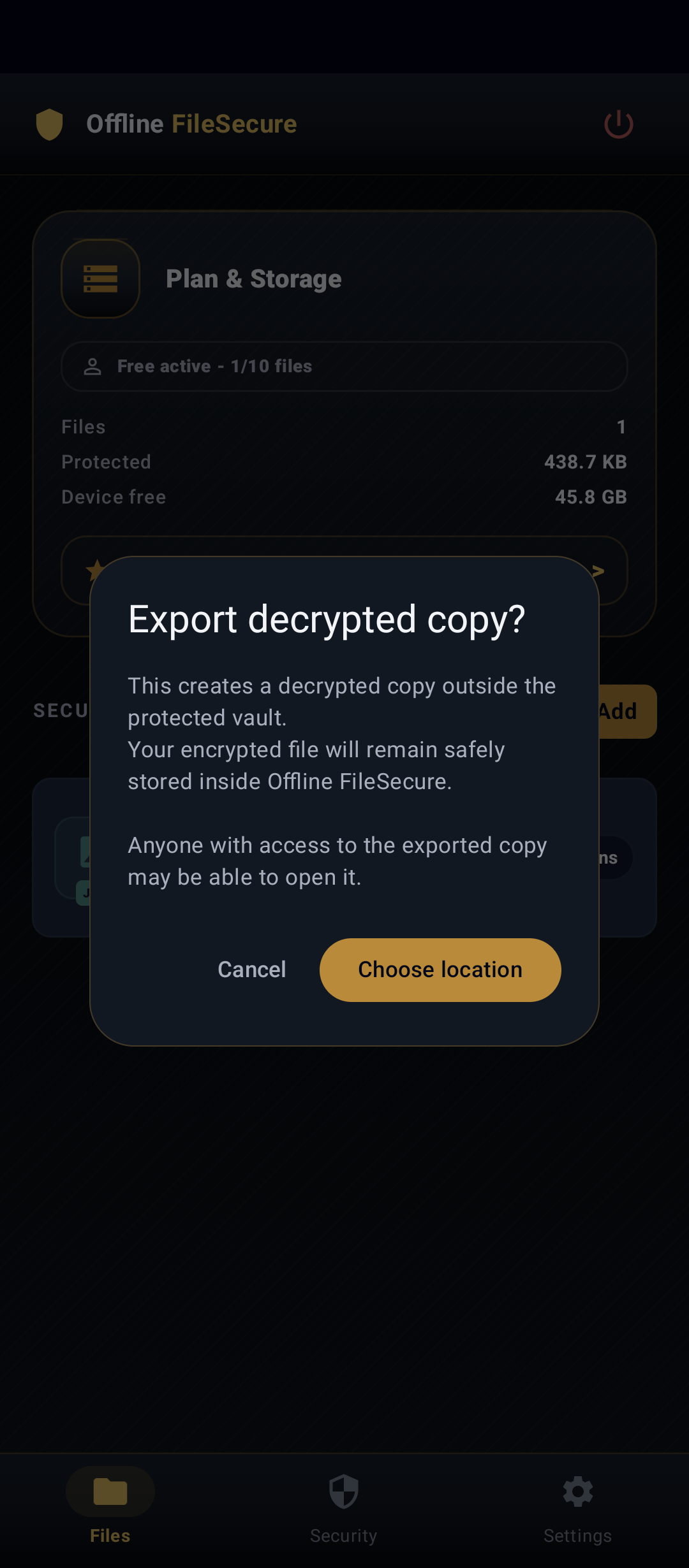 Offline FileSecure export confirmation screen