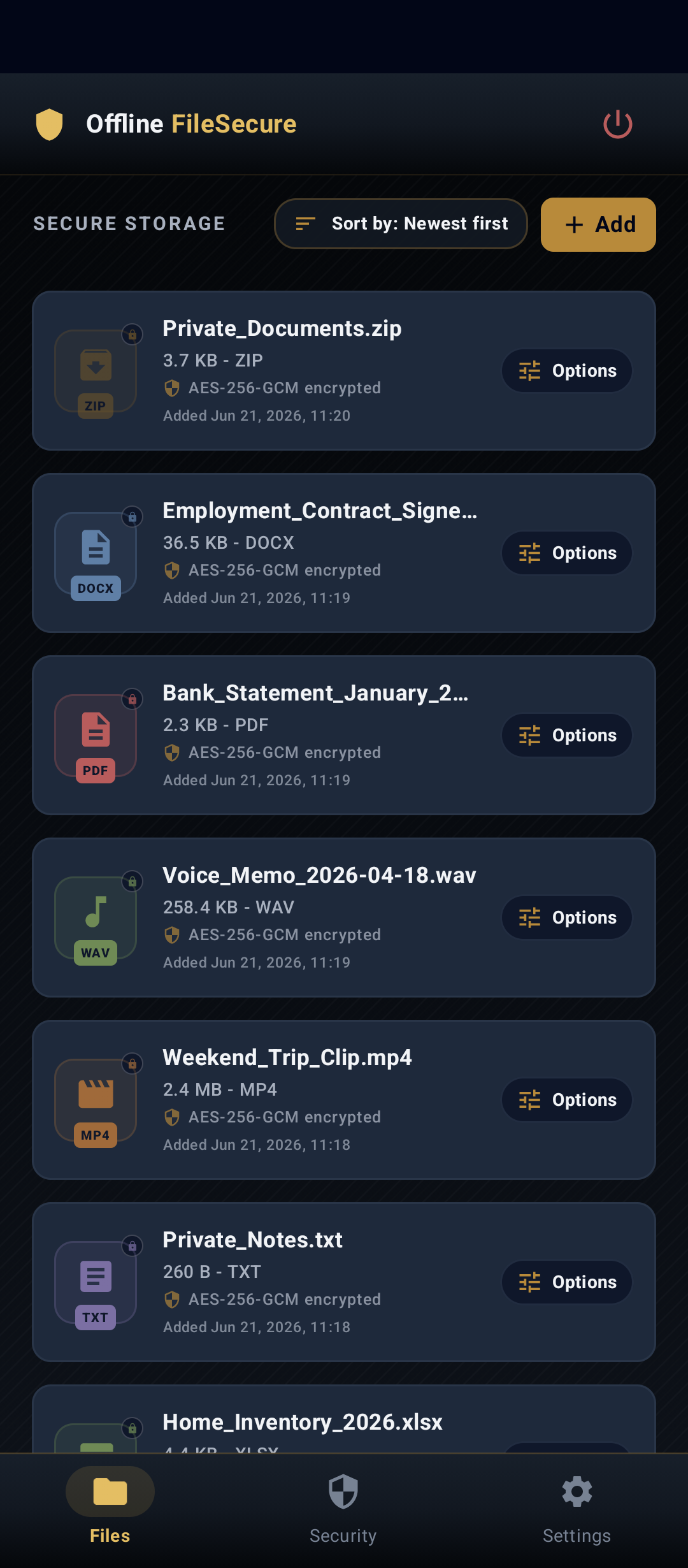 Offline FileSecure files overview screen