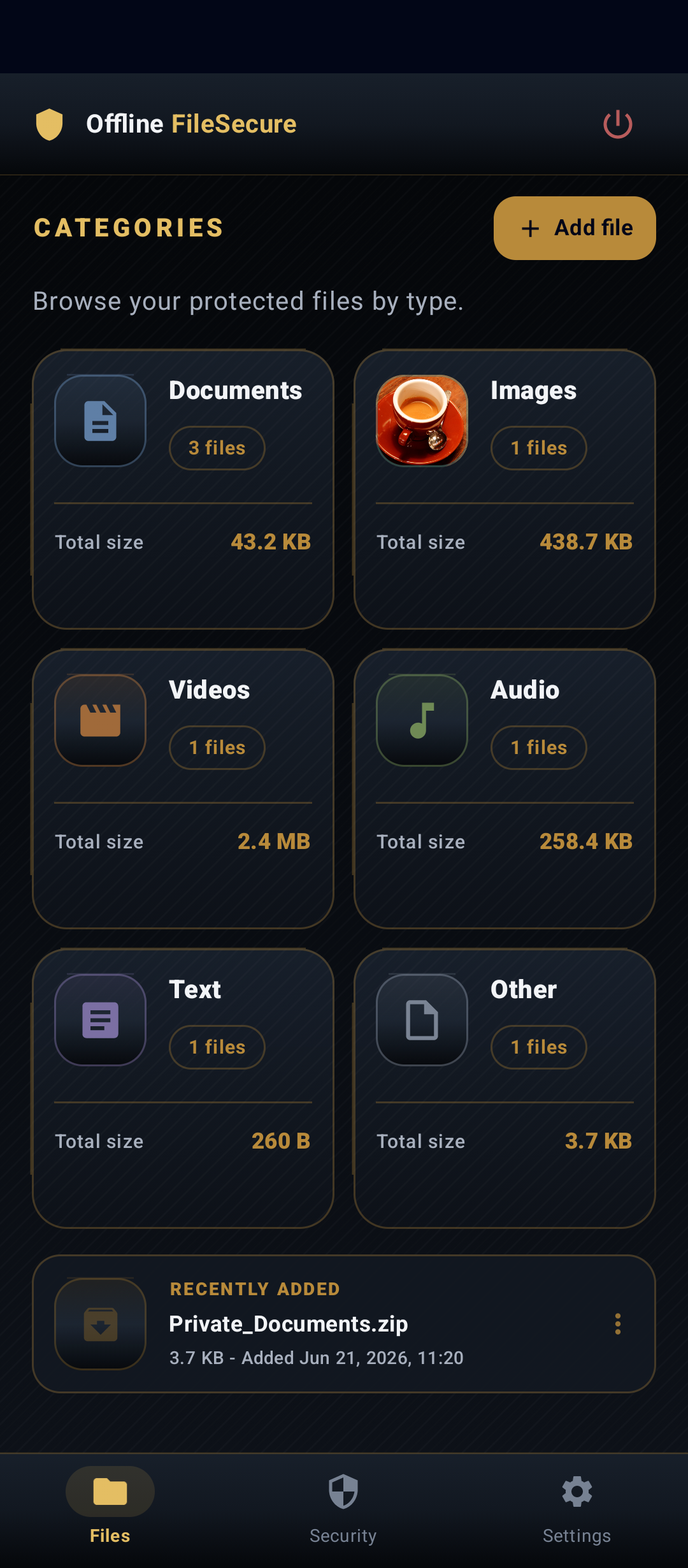 Offline FileSecure category dashboard screen