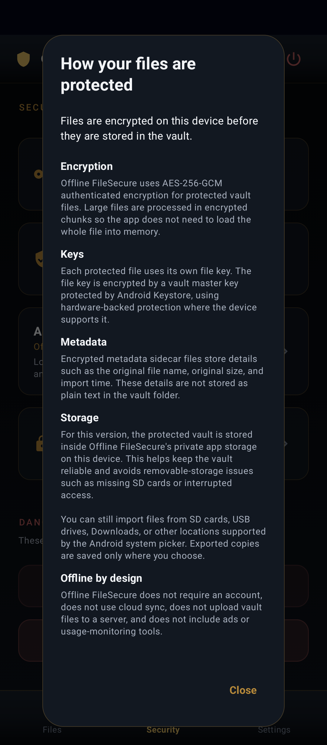 Offline FileSecure encryption details screen