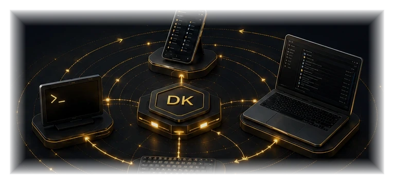DK App Tools connected device showcase with phone, laptop, keyboard, and command console
